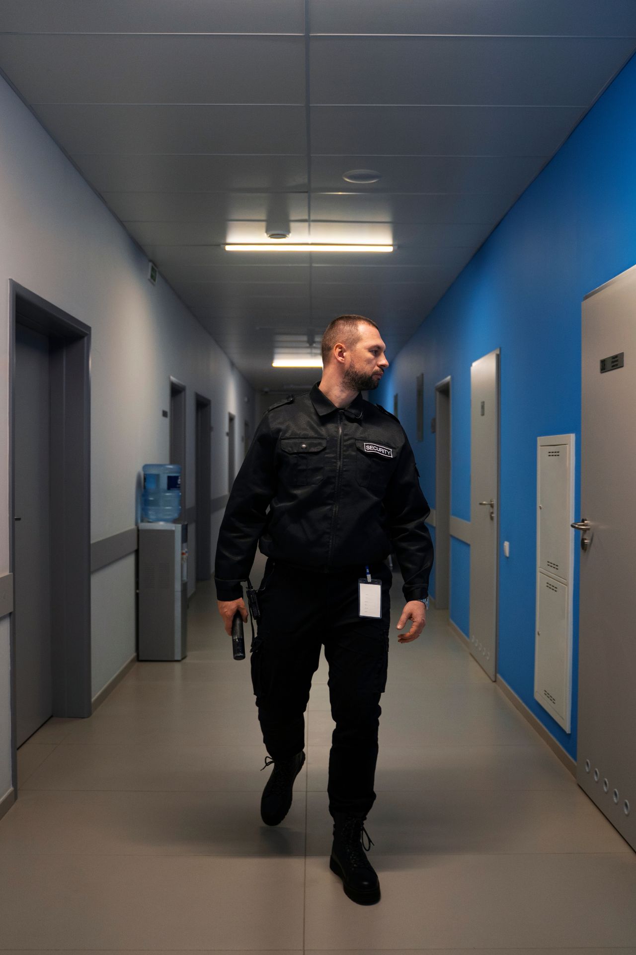 Fire watch security guard on patrol at a commercial property in Boston