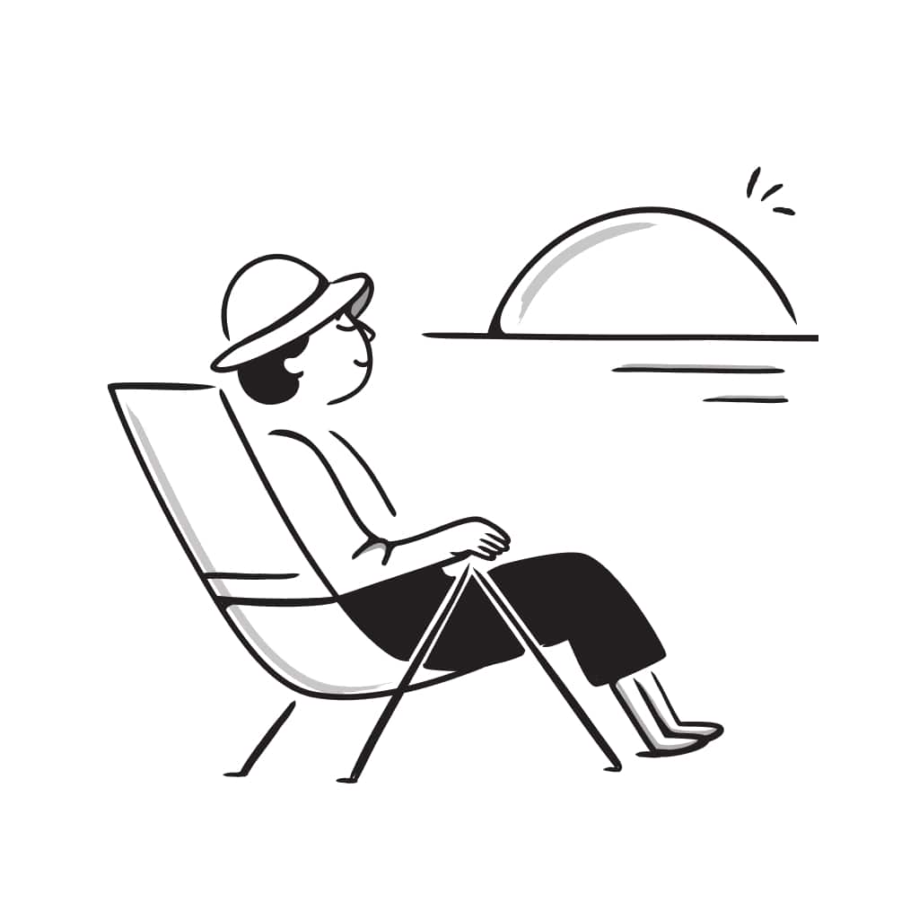 Man relaxing on a beach chair watching the sunset, from the A2 Spanish short story 'El Billete de la Felicidad'.