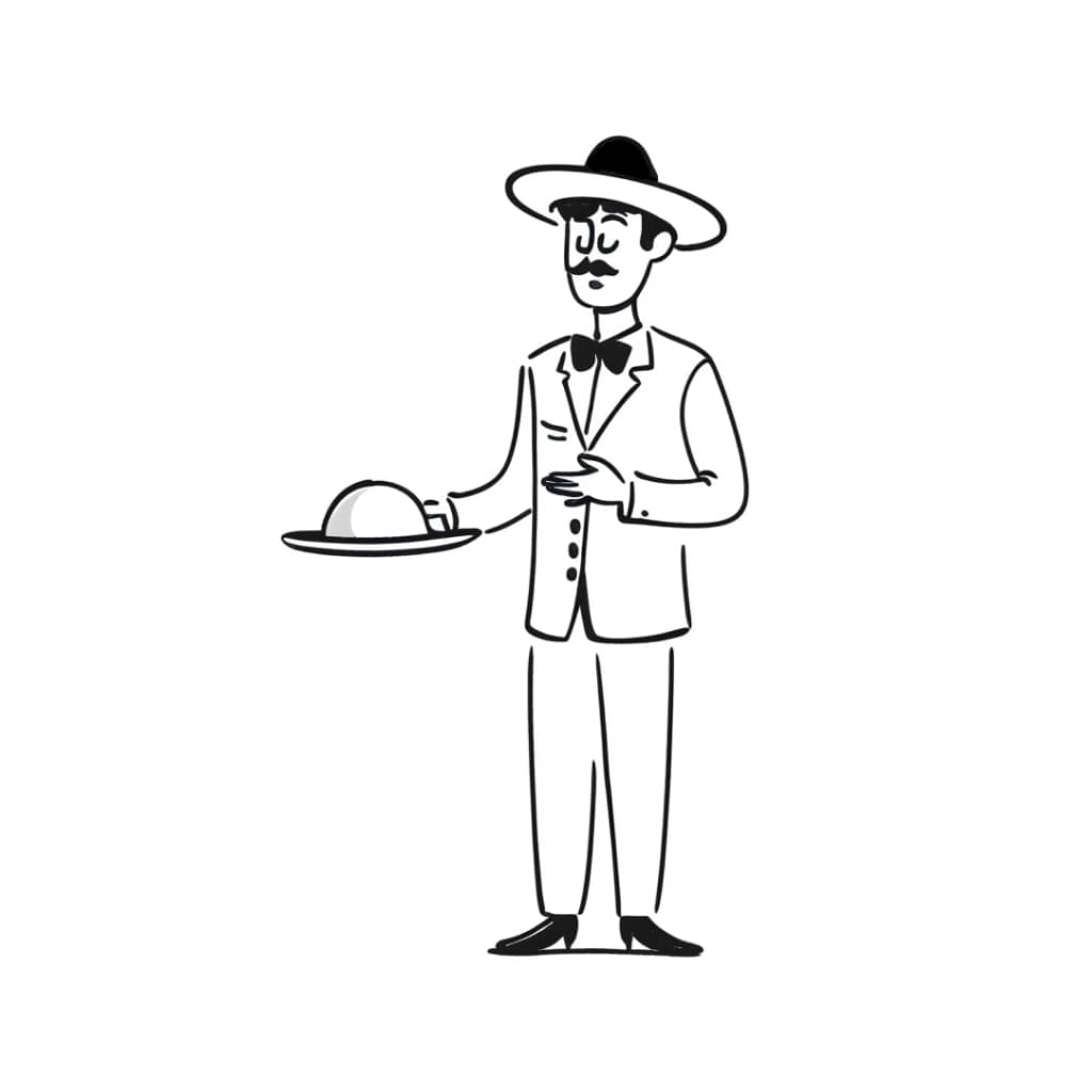 Mexican waiter in traditional attire holding a covered dish, from the A1 Spanish short story 'Un Poco Picante'.