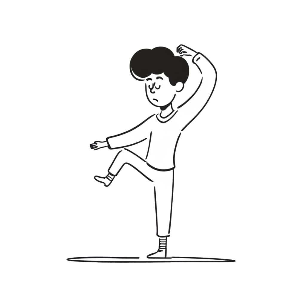 Boy attempting a yoga pose with one leg raised, from the A1 Spanish short story 'La Falsa Facilidad'.