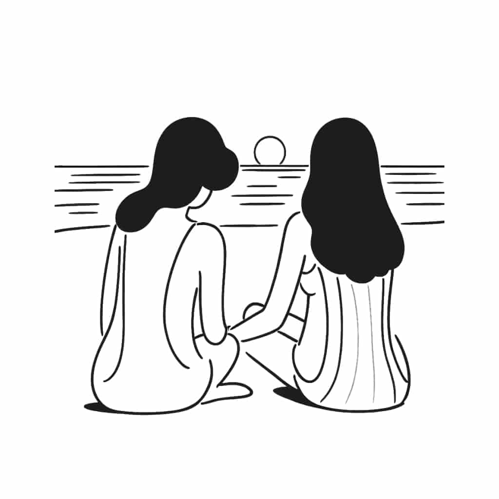 Two girls sitting by the sea watching the sunset, from the A1 Spanish short story 'El Parque o La Playa?'.