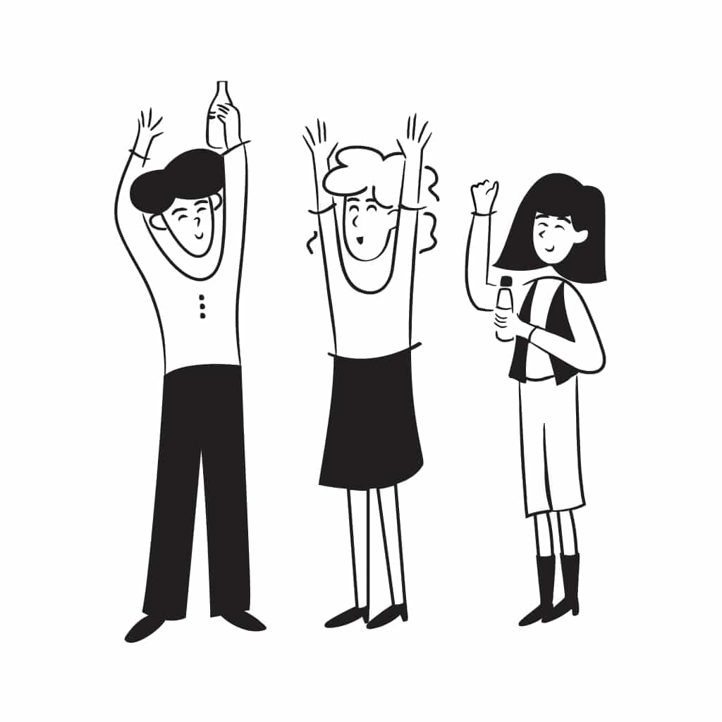 Three people enjoying a party with drinks and raised hands, from the A1 Spanish short story 'La Fiesta Inesperada'.
