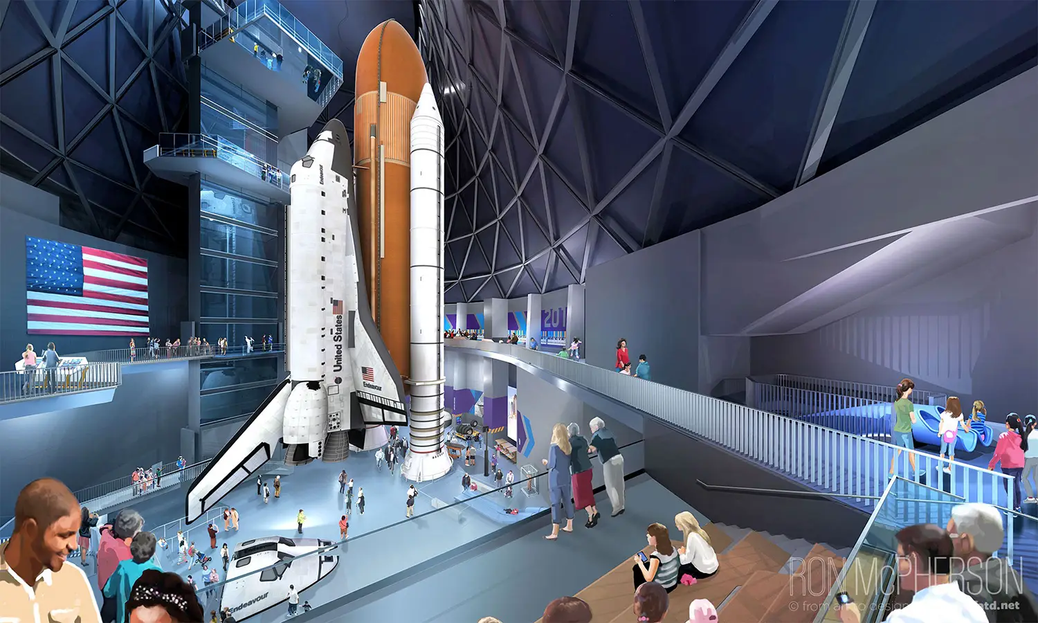 Artist's rendering of the vertical space shuttle Endeavour exhibit at the California Science Center in Los Angeles.
