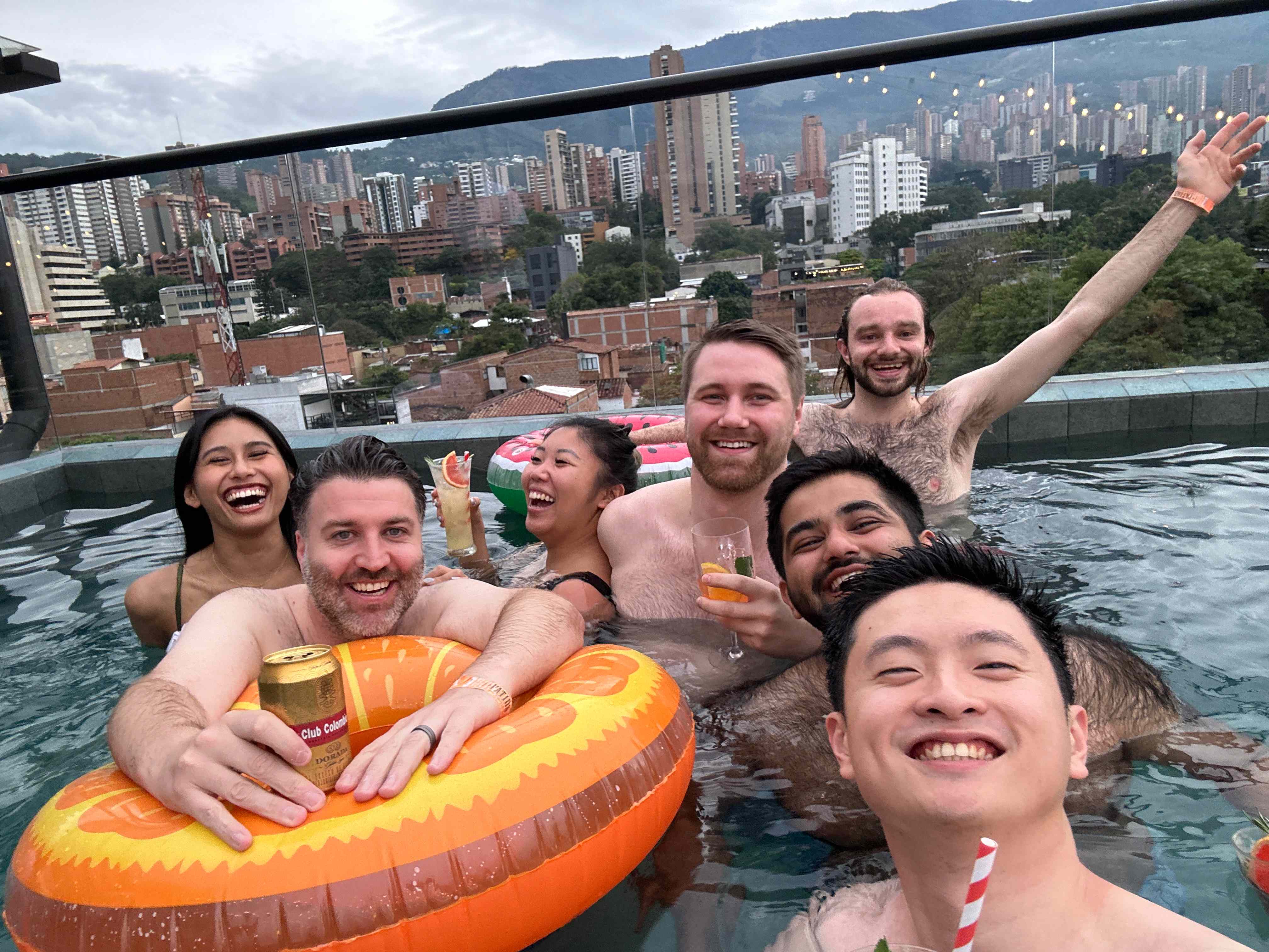 Pilot's team at a hostel pool in Colombia on a team retreat