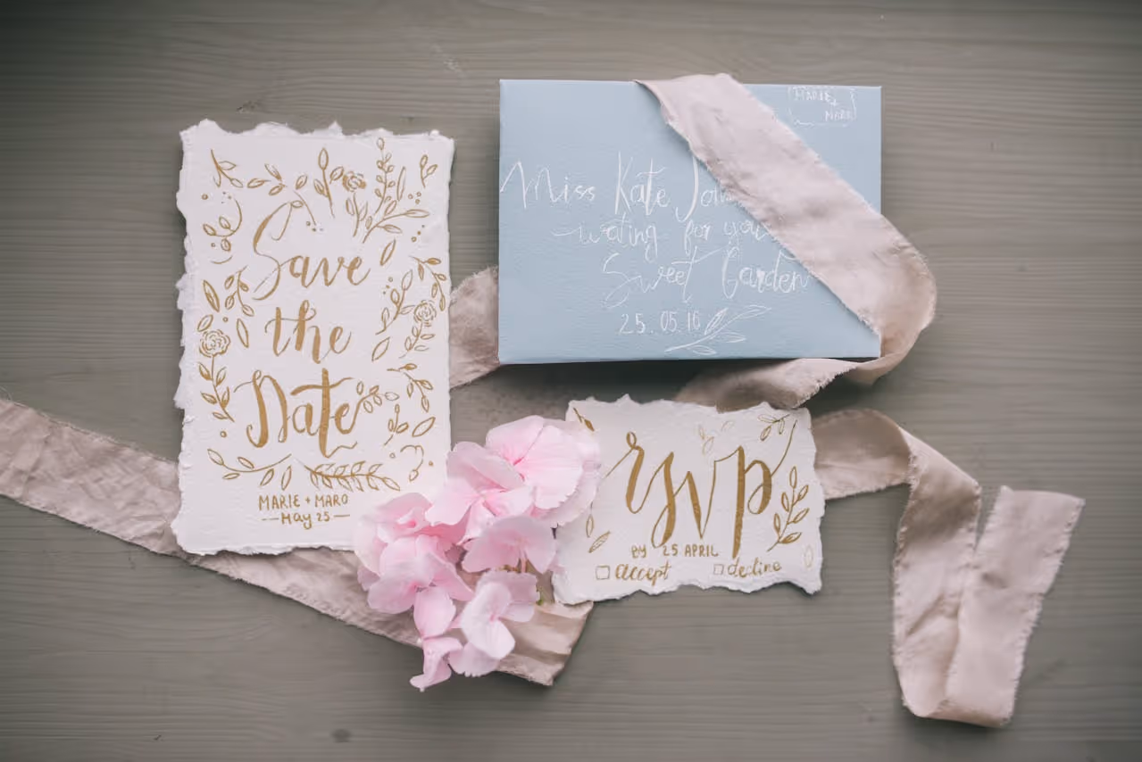 A white save the date card for a Pilot Wedding with gold text alongside a blue mailing envelope and light pink tulle. 