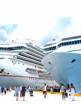 Two large white cruise ships docked side by side with people, while on a trip planned on Pilot, walking on the pier below.