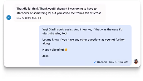 Chat showing a users thankfulness to Jess and her cheerful reply