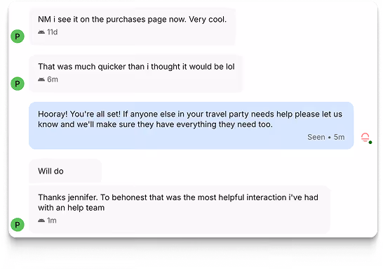 An text interaction between an unnamed Pilot user and Jennifer in which they show their satisfaction with Pilot.