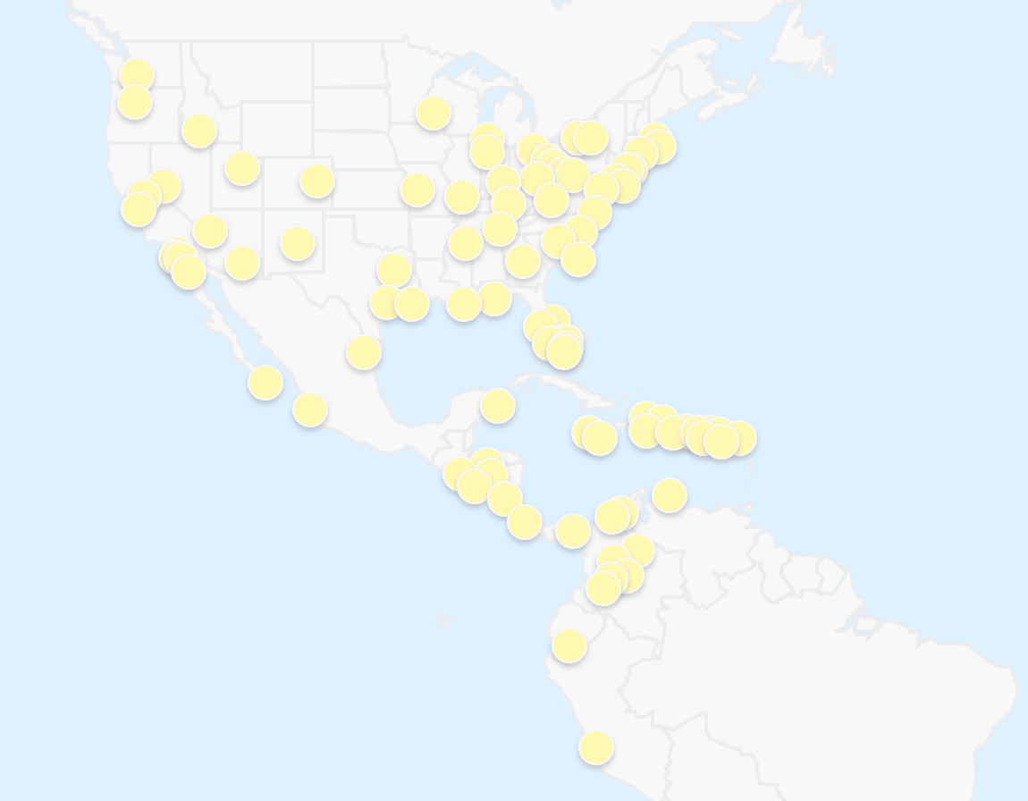 Screenshot of map on where spirit airlines flies in North America