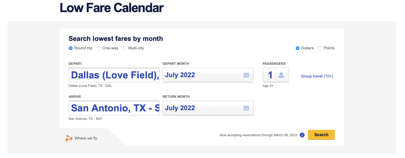 southwest airlines low fare calendar