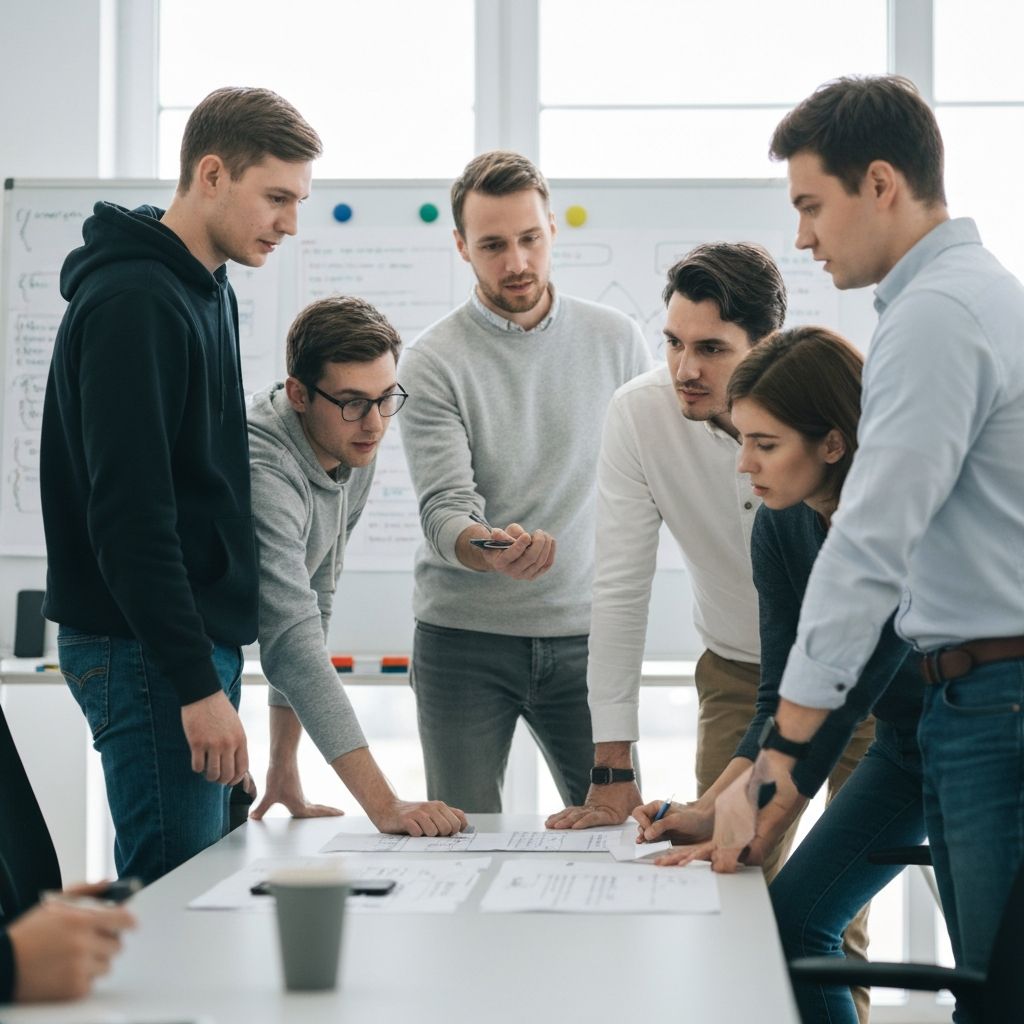 Group of six young professionals gathered around a table discussing documents in a bright office.
