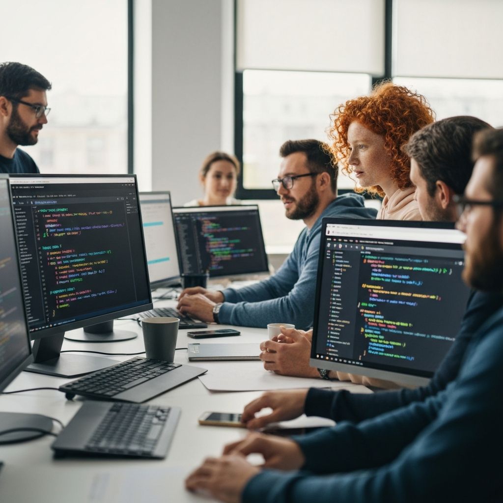 Group of software developers collaborating around a table with multiple monitors displaying code.