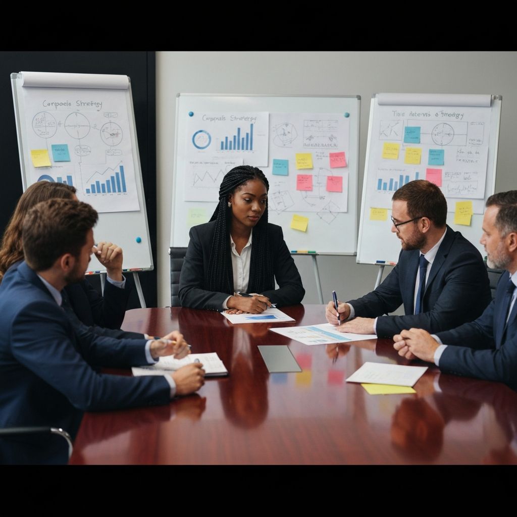 Five business professionals in suits having a meeting around a conference table with charts and sticky notes on flip charts in the background.