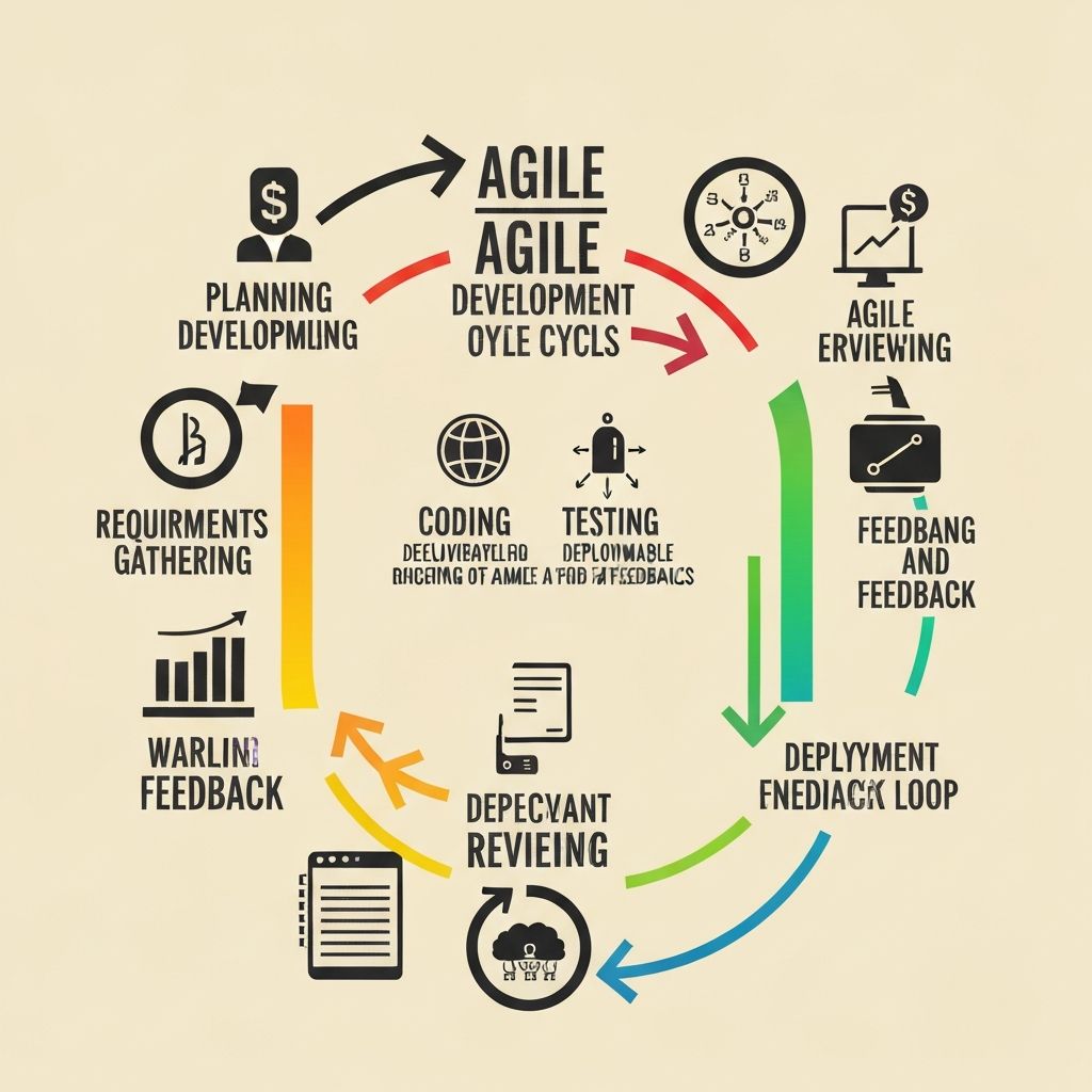 Diagram of the agile iterative development cycle showing steps: Planning Developing, Agile Development Cycle, Agile Reviewing, Feedback and Feedback, Deployment Feedback Loop, Deployment Reviewing, Warning Feedback, Requirements Gathering, Coding, and Testing with arrows indicating process flow.