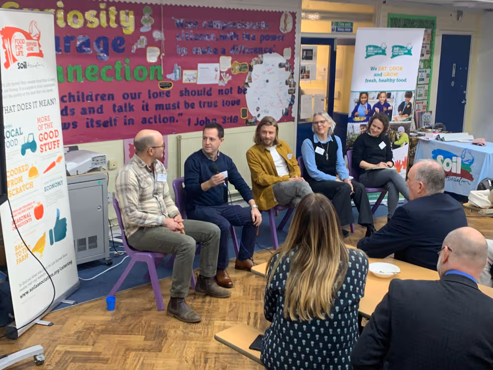 Panellists (from left to right): George Bennett (Sandy Lane Farm), Derek Wright (Love British Food, LACA and Blackpool Council), Rob Percival (Soil Association), Janie Bickersteth (Good Food Oxford) and Naomi Duncan (Chefs in Schools)