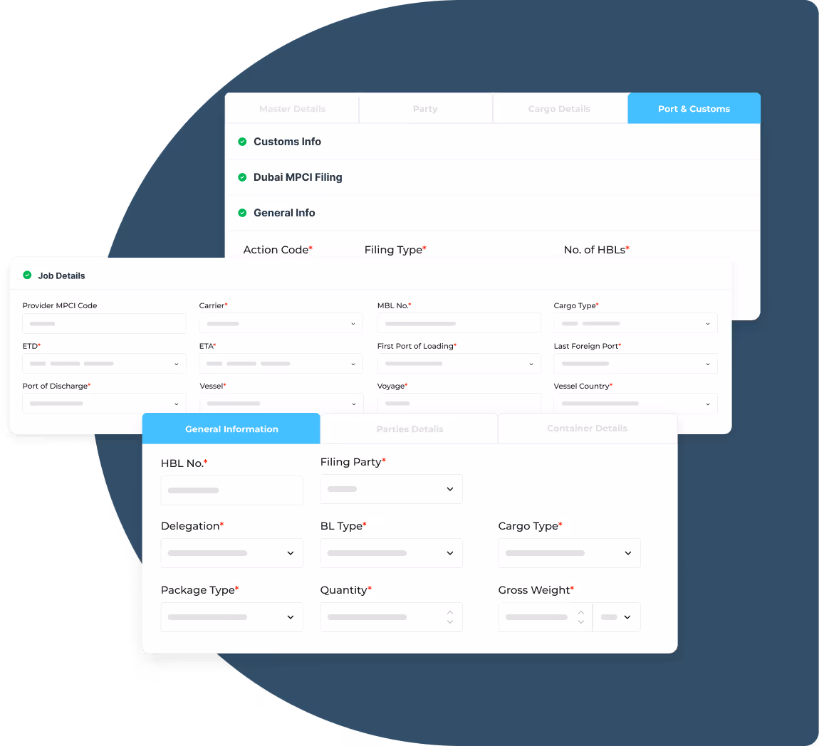 Three overlapping shipping form panels showing sections for Port & Customs, Job Details with fields like carrier, ETA, vessel, and General Information with fields for HBL No., filing party, cargo type, quantity, and gross weight.