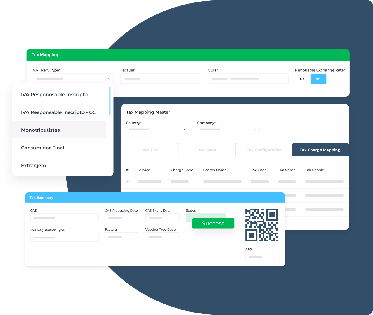 User interface displaying tax mapping settings with dropdown menus for VAT registration types, tax charge mapping, and a success status in tax summary including a QR code.