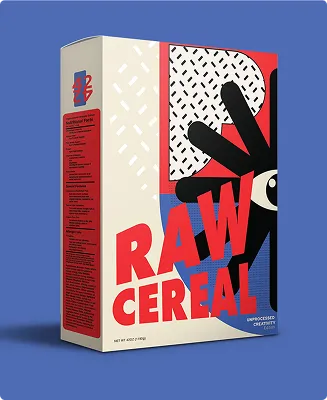 Raw Cereal box packaging design on a blue background