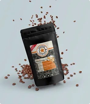 Black coffee bag packaging design with scattered coffee beans
