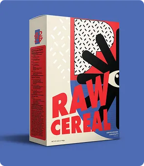 Raw Cereal box packaging design on a blue background