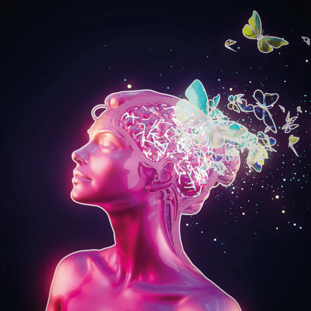 Glowing pink woman with brain showing light patterns and butterflies flying out from her head.