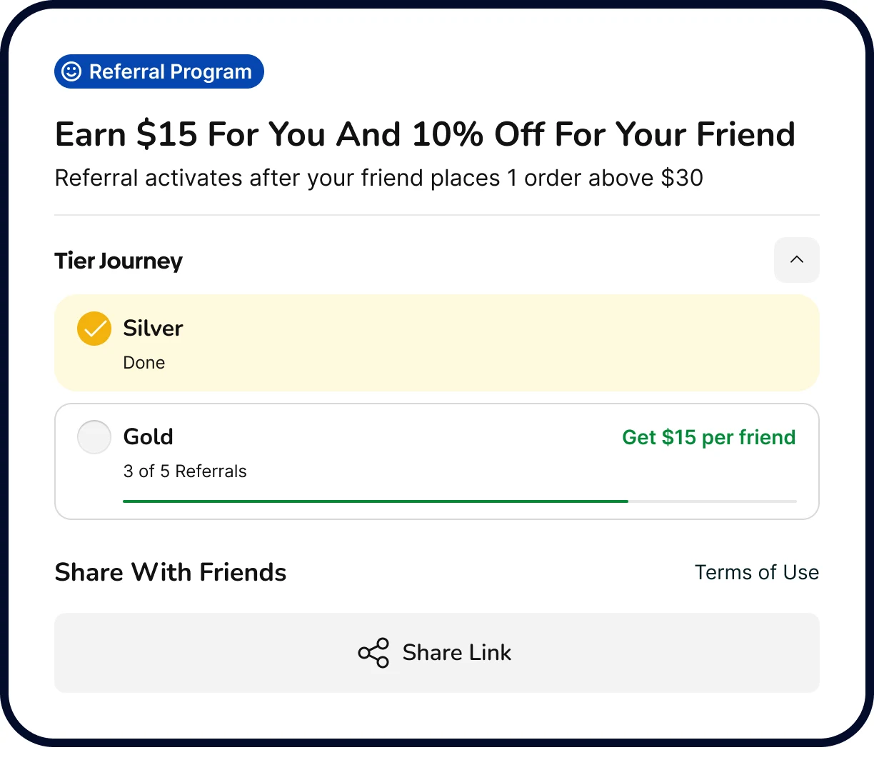 Multi-tiered referral program with tracking and reward fulfillment