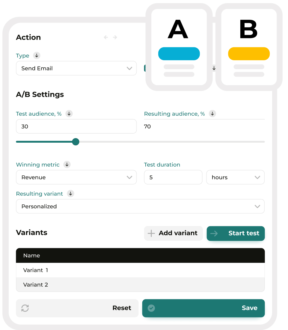 A/B testing settings with audience split, winning metric, and test duration