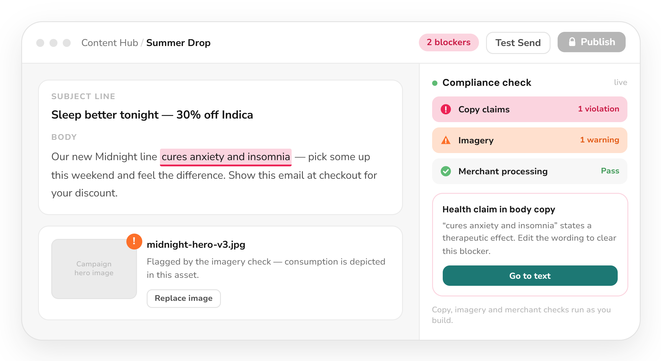 Sweed compliance check identifying copy and imagery violations before publishing