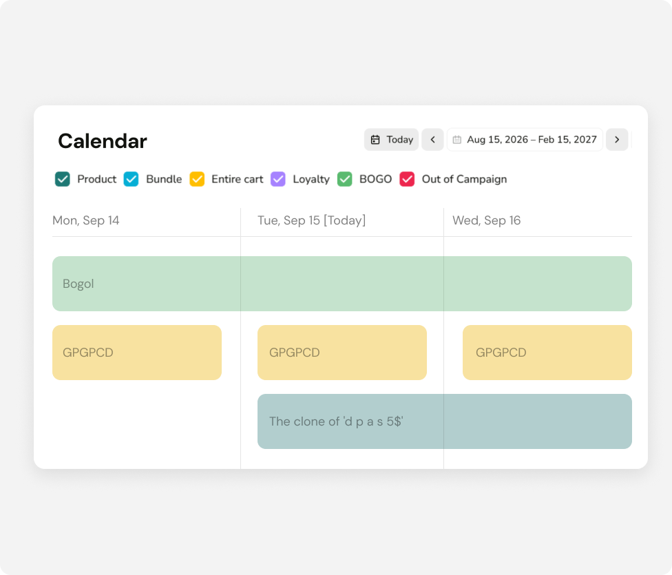 Marketing calendar showing product, bundle, loyalty, and campaign promotions