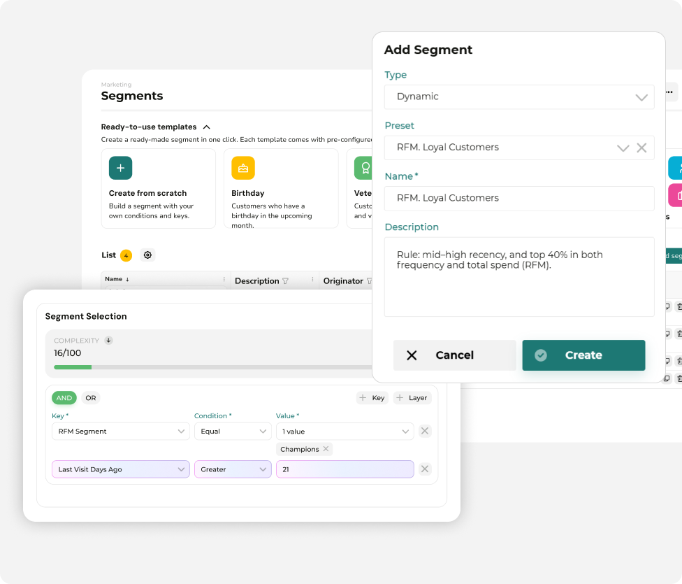 Dynamic RFM customer segment builder with ready-to-use templates