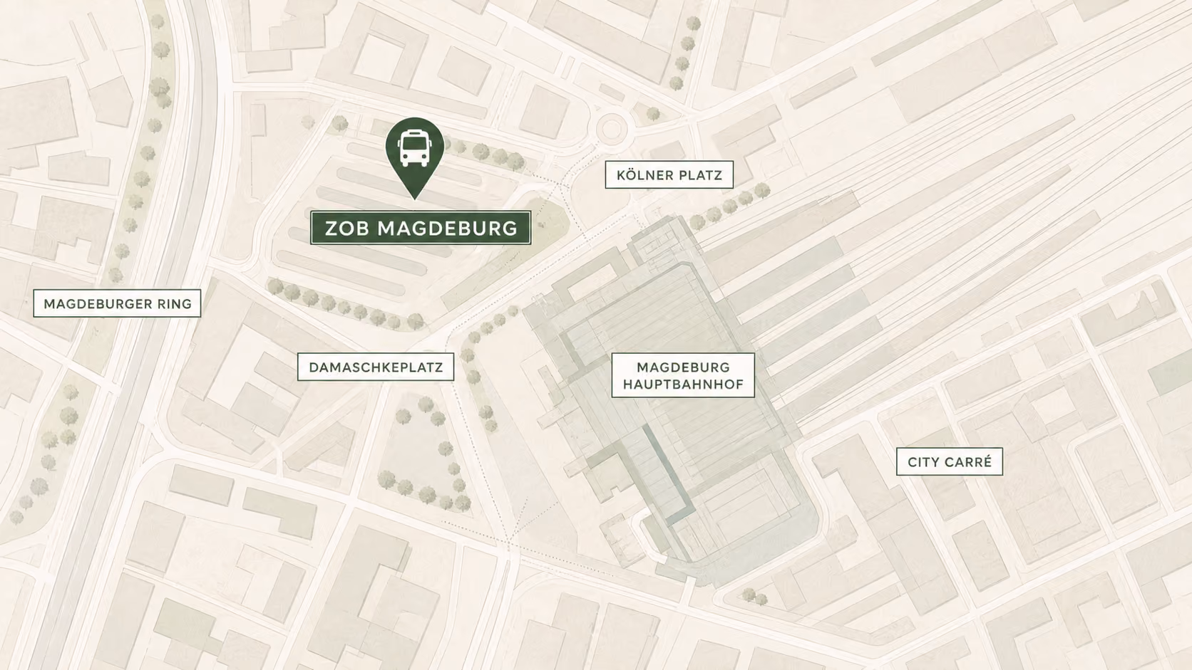 Stilisierter Lageplan des Magdeburger ZOB mit Hauptbahnhof, Damaschkeplatz, Kölner Platz, City Carré und Magdeburger Ring