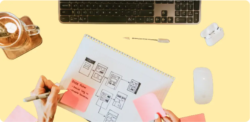 UX designer with post it notes reading "user flow"