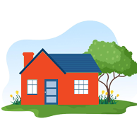 an orange house with a tree