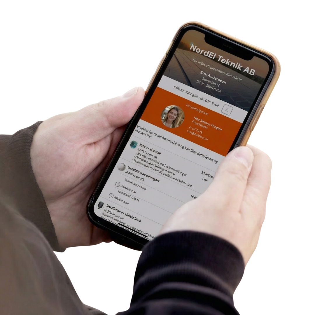 Person holding smartphone displaying an app screen with a quote for a 7.4kW Dual EV Charger installation and related details.