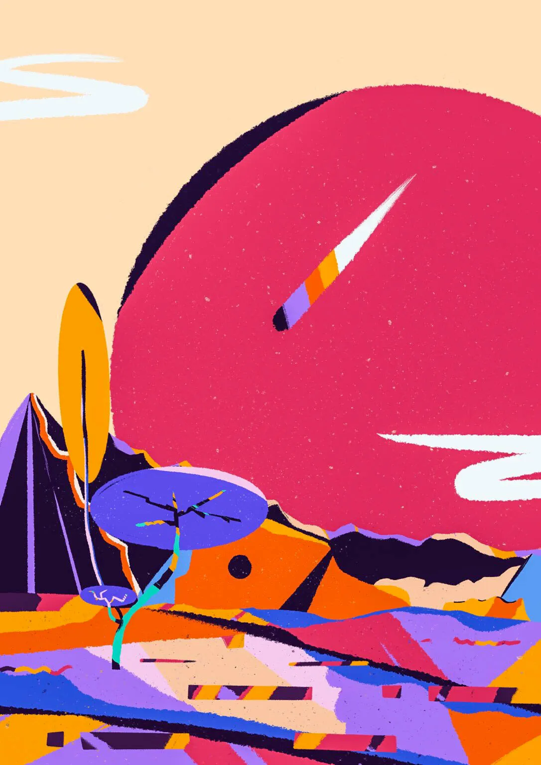Colorful digital illustration of a surreal desert landscape with mountains and rocket