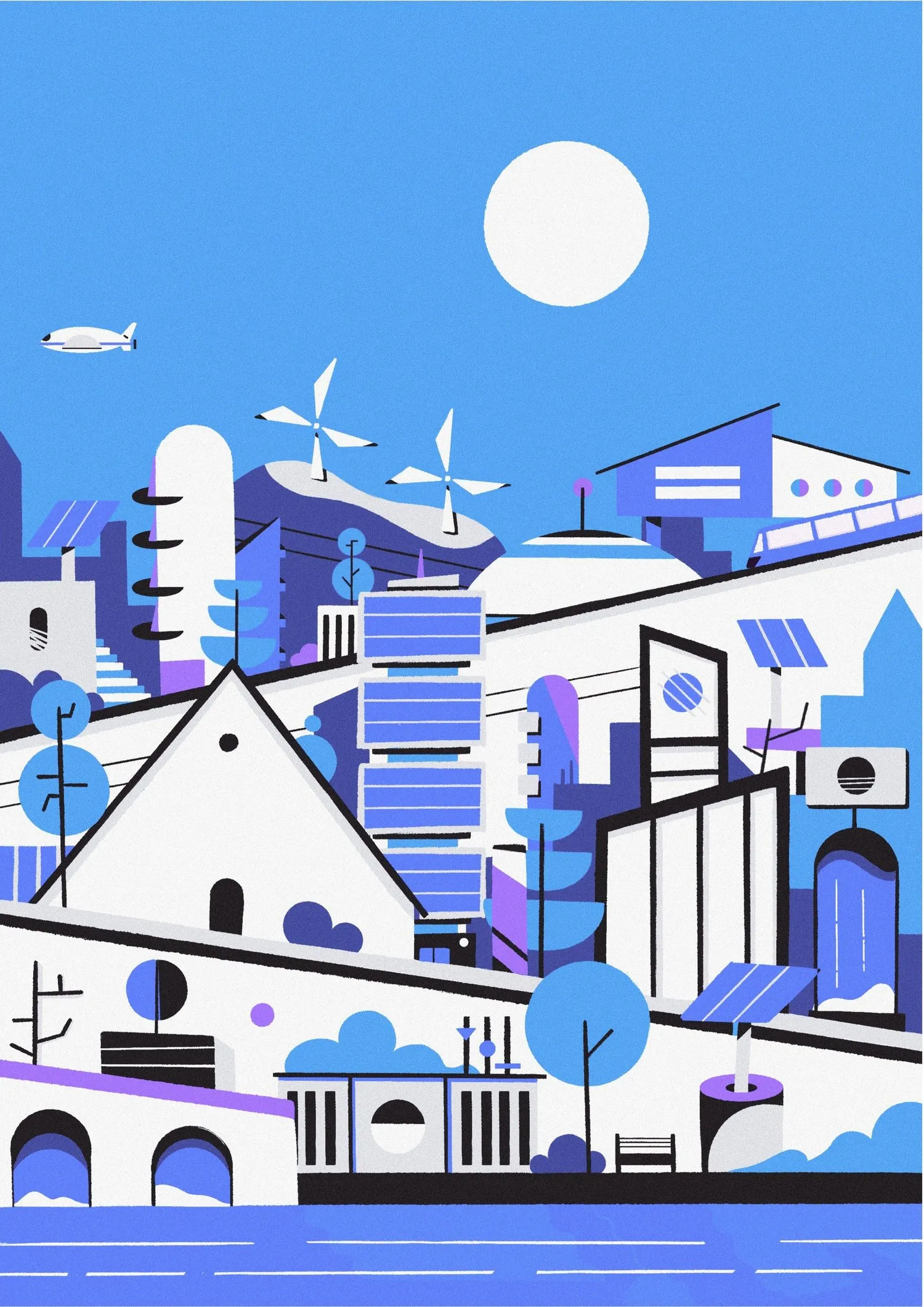 illustration of a coastal cityscape in blue and white tones under a full moon