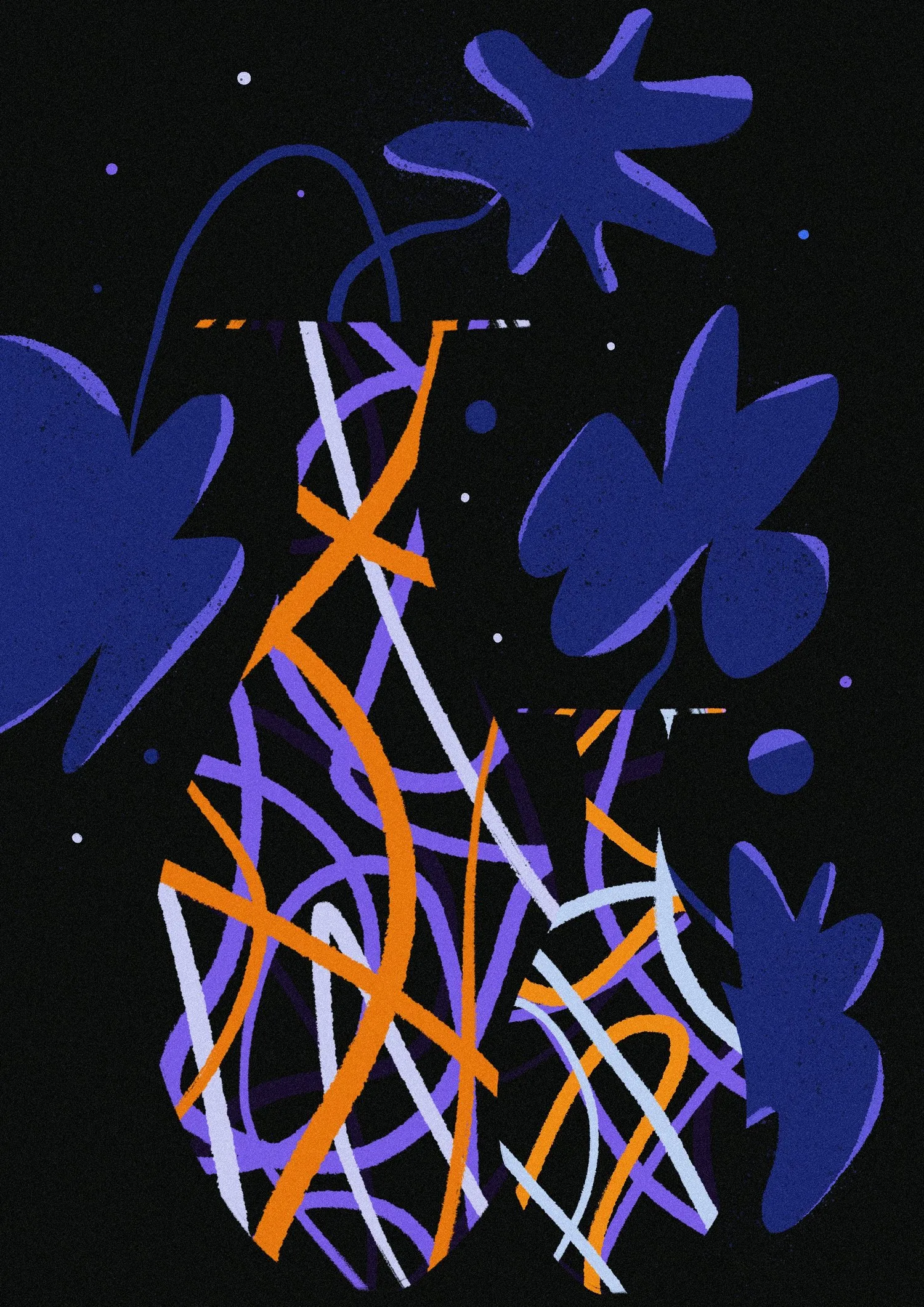 Dark abstract floral illustration with tangled stems and blue leaves