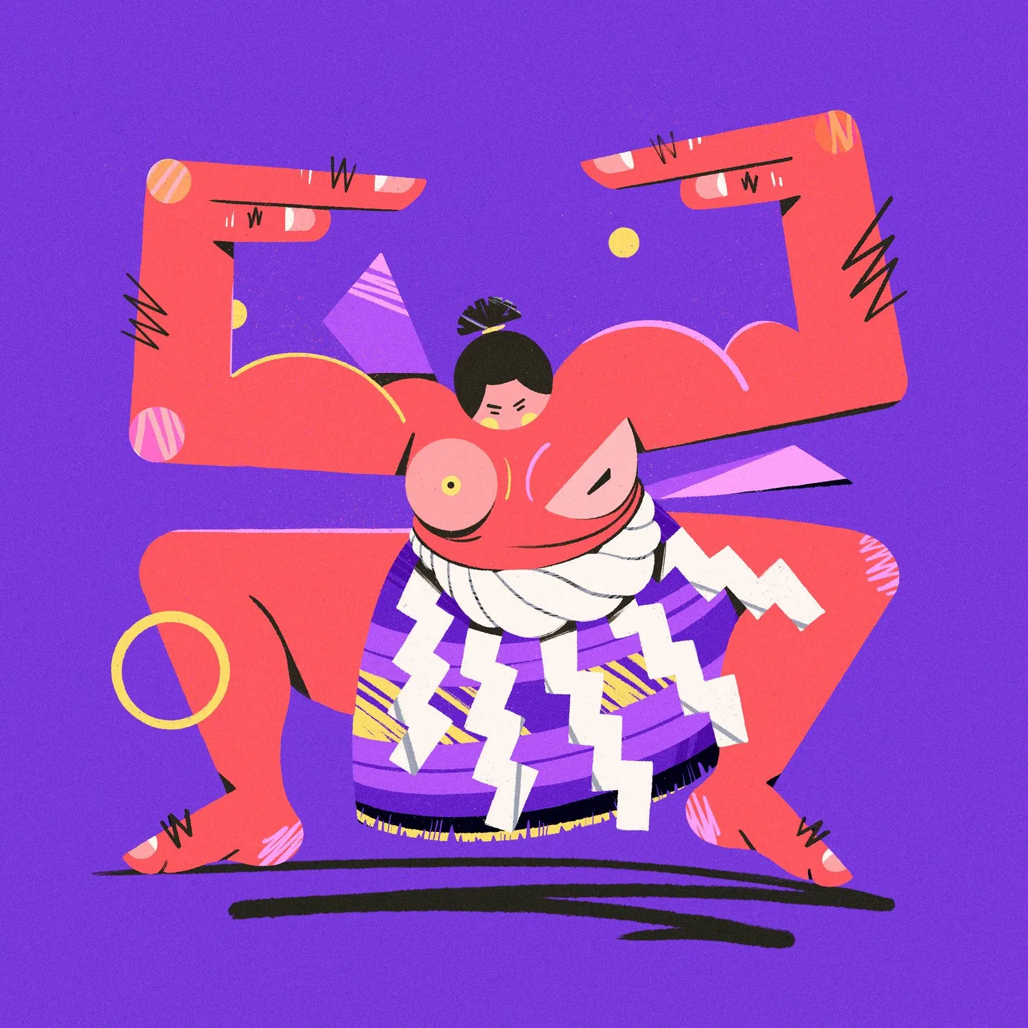 Playful purple and red illustration of sumo fighter