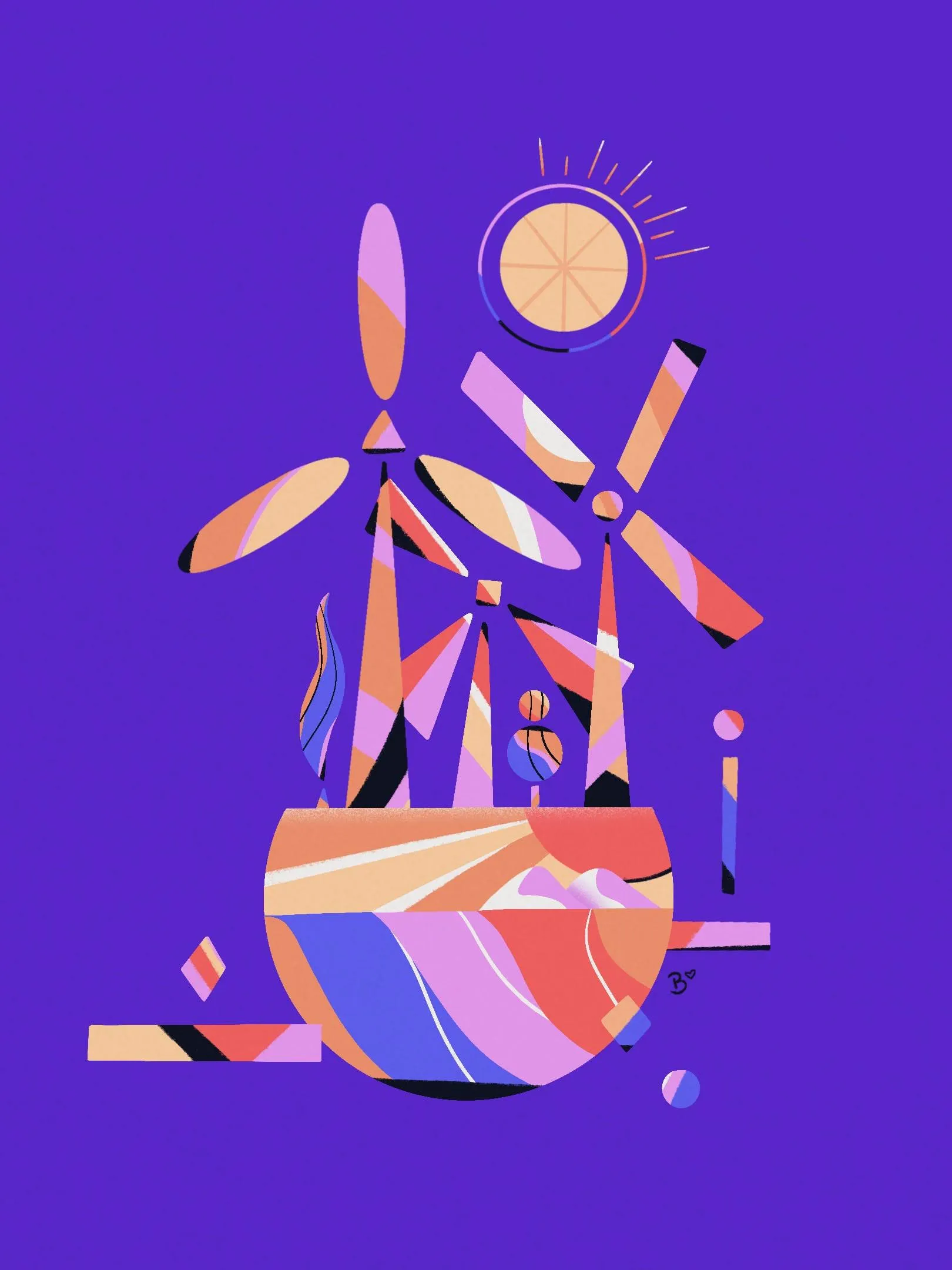 Abstract purple and orange illustration of windmill-like shapes with plants