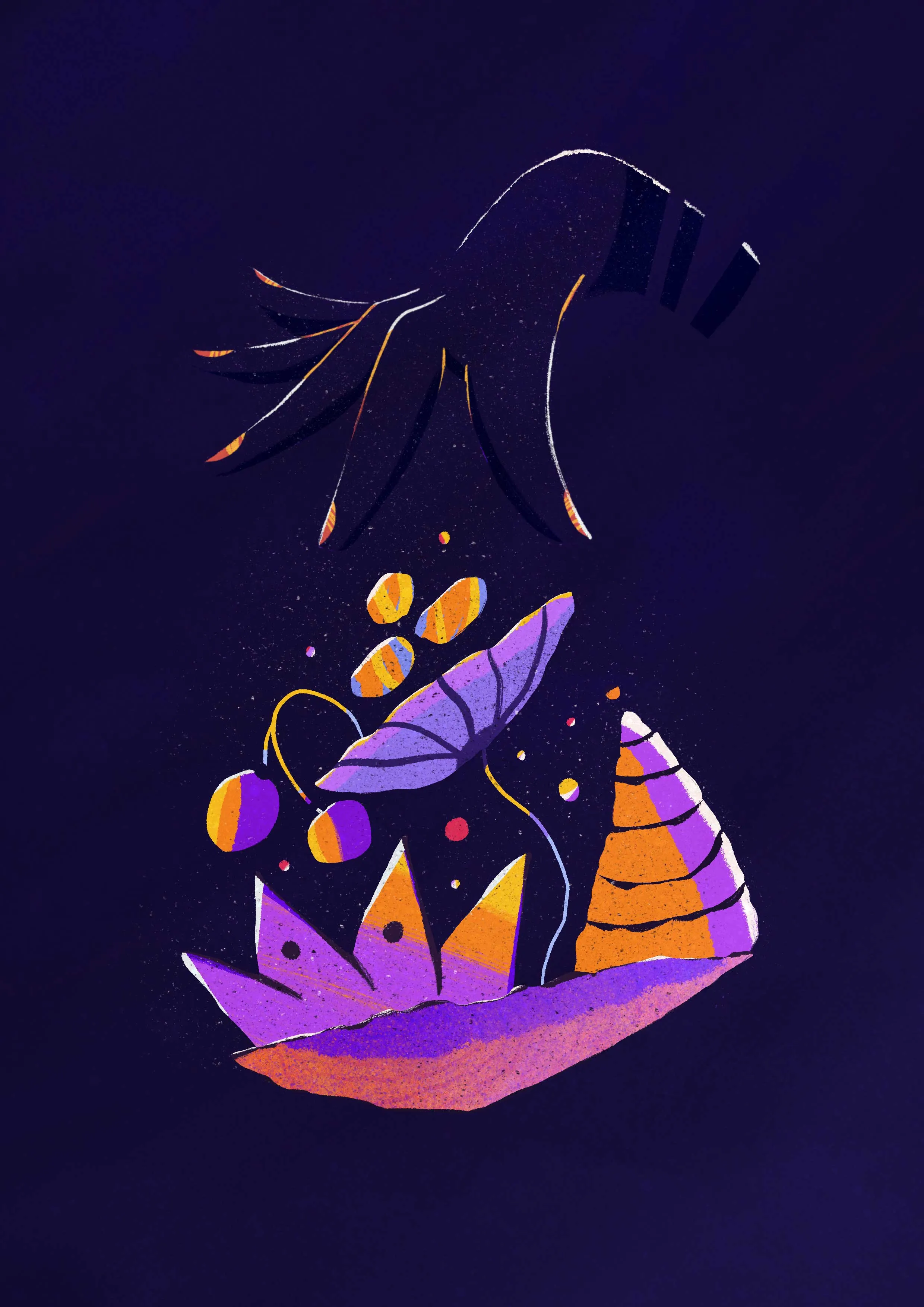 Dark surreal illustration of a purple flower arrangement in an abstract vase