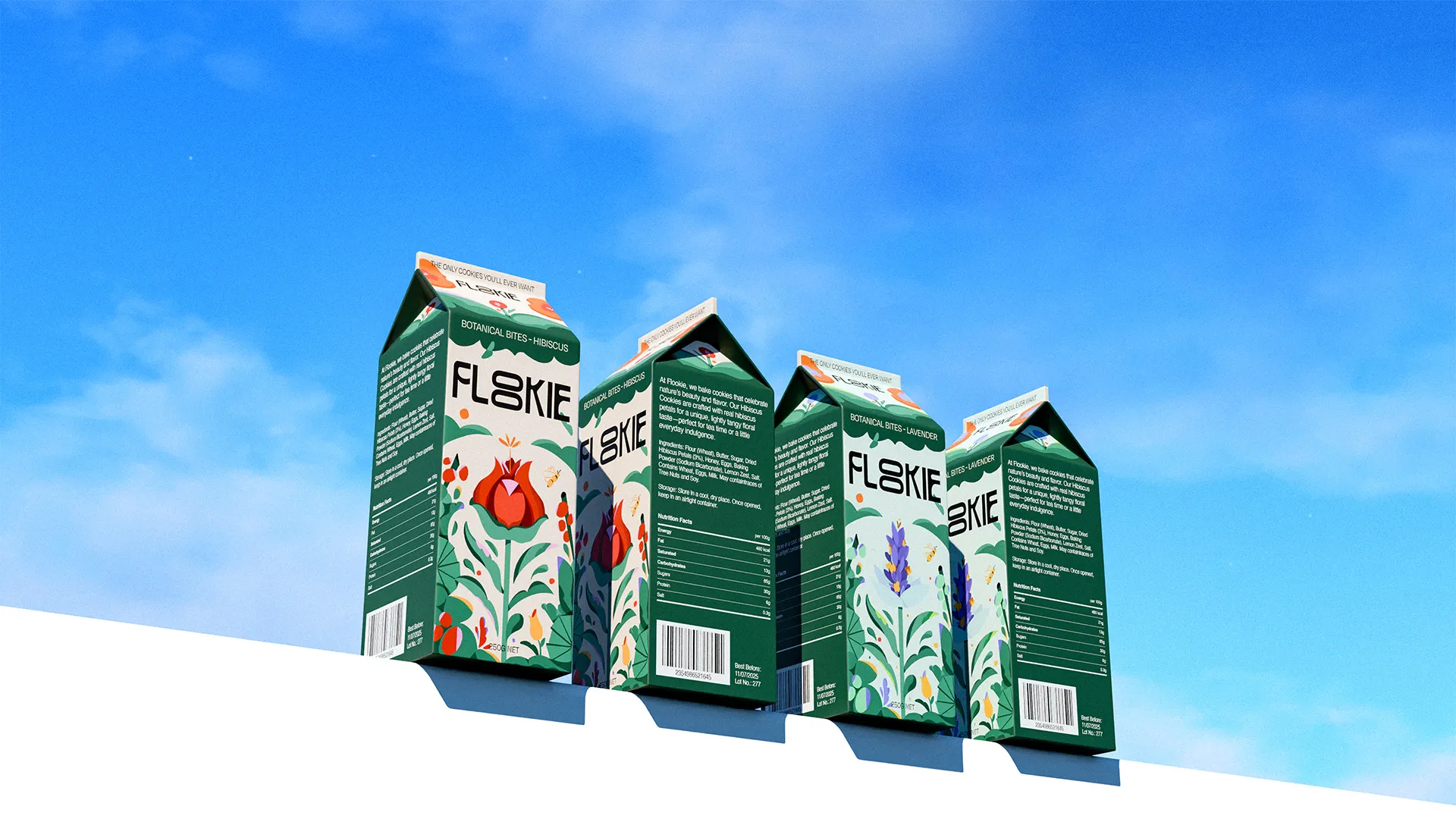 Four green floral beverage cartons under a bright blue sky