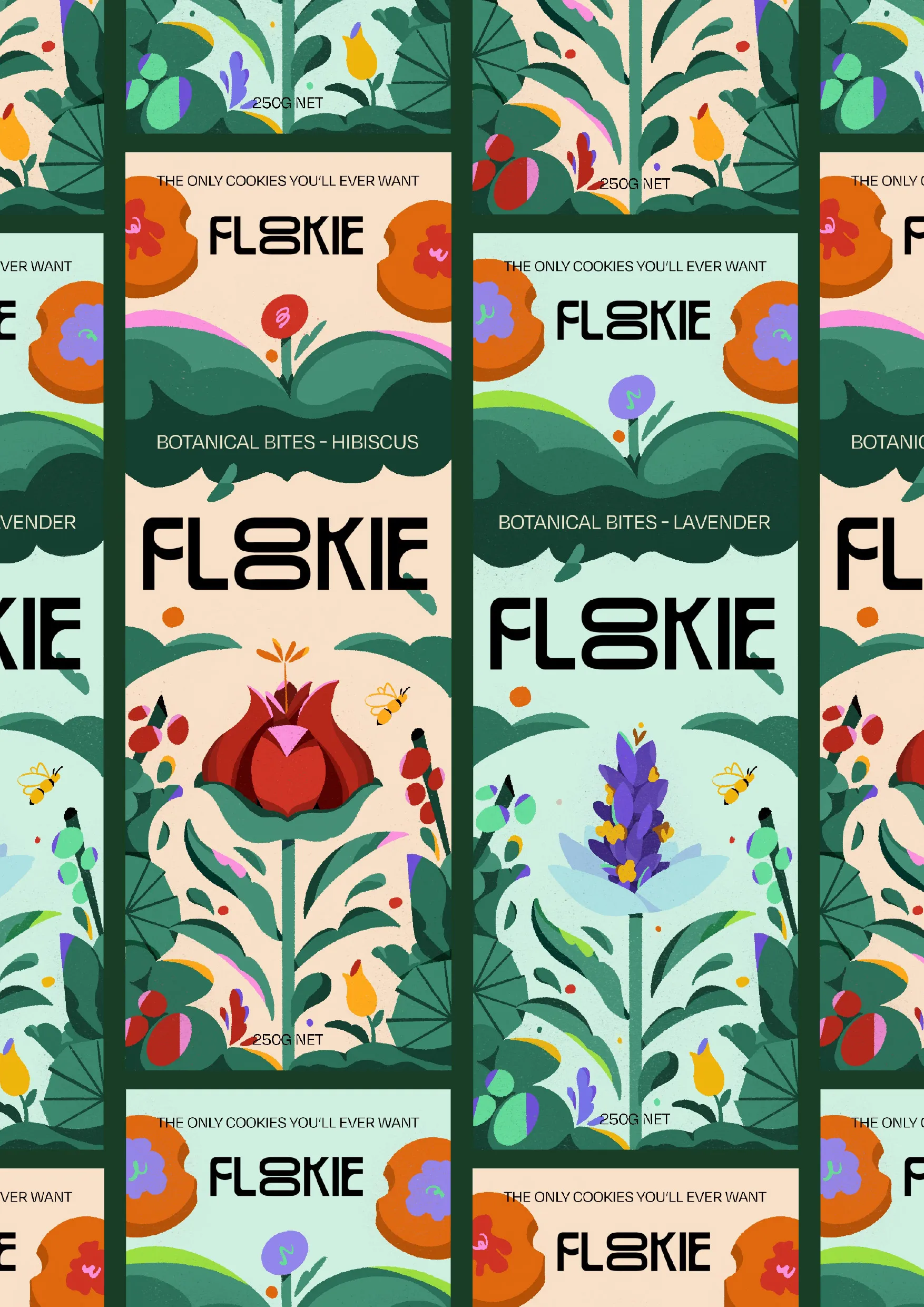Pattern of green floral beverage cartons with illustrated hibiscus flowers