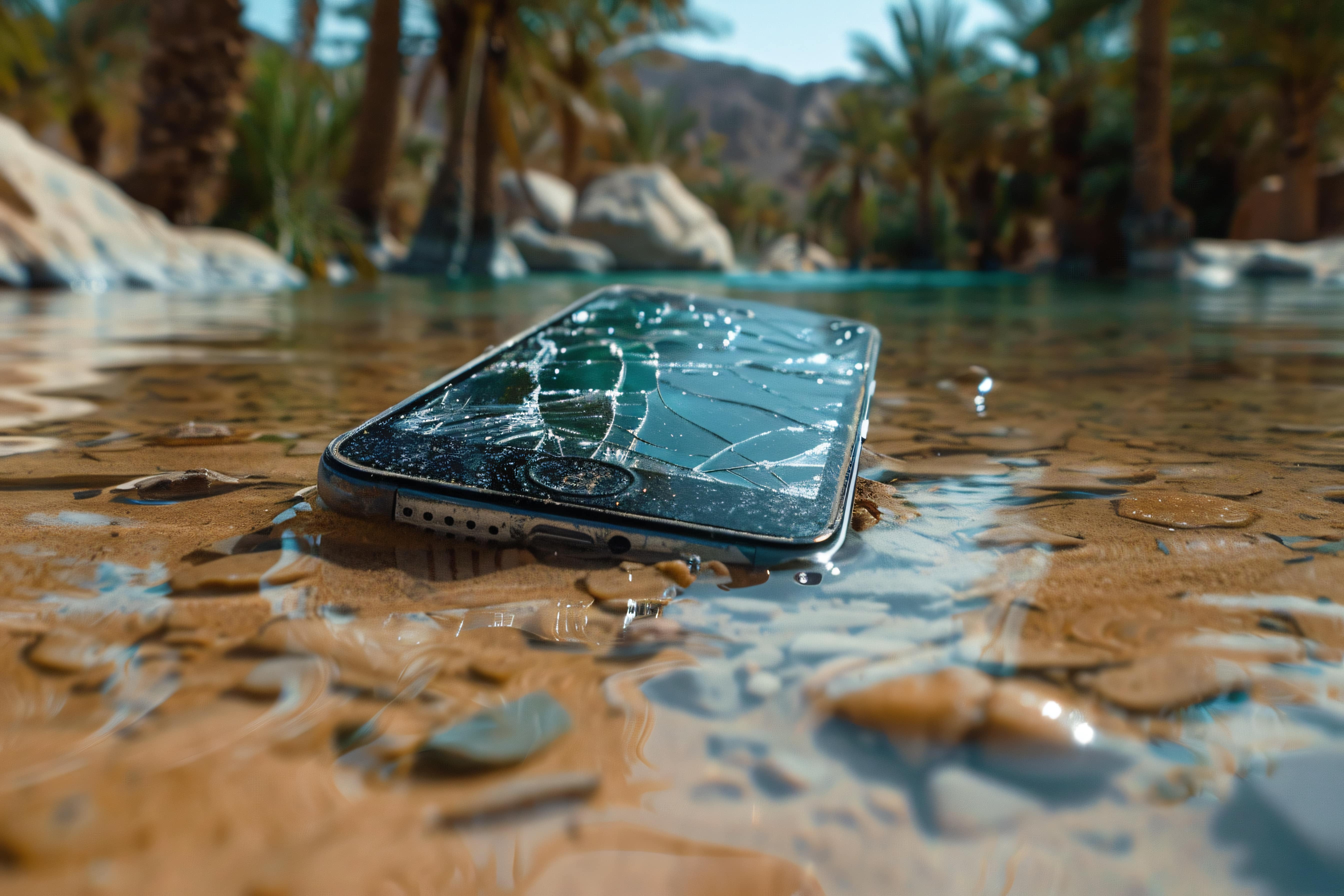 Smartphone mit gesprungenem Display liegt im seichten Wasser