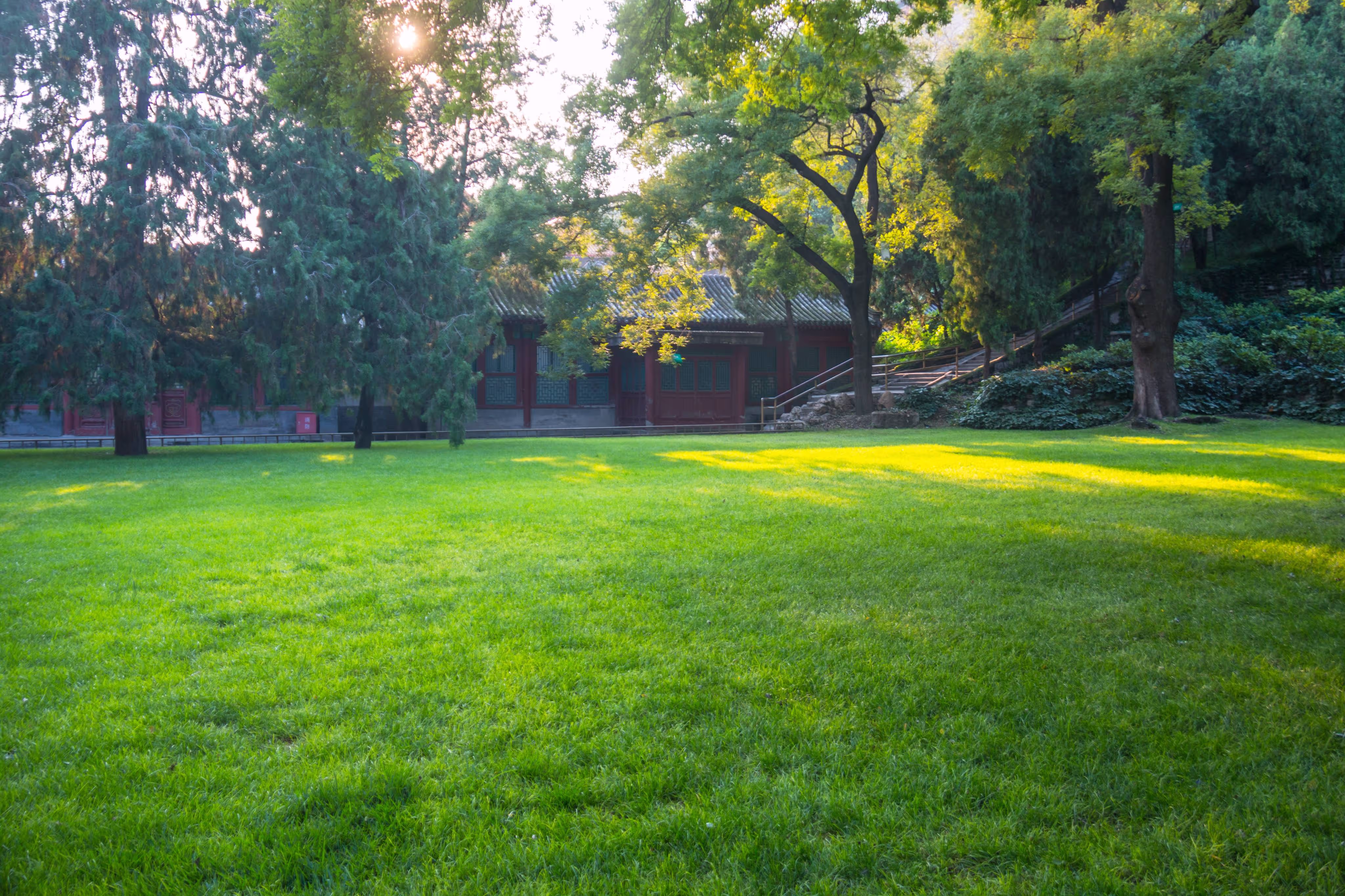 Sunlit green lawn with traditional red building and trees in background