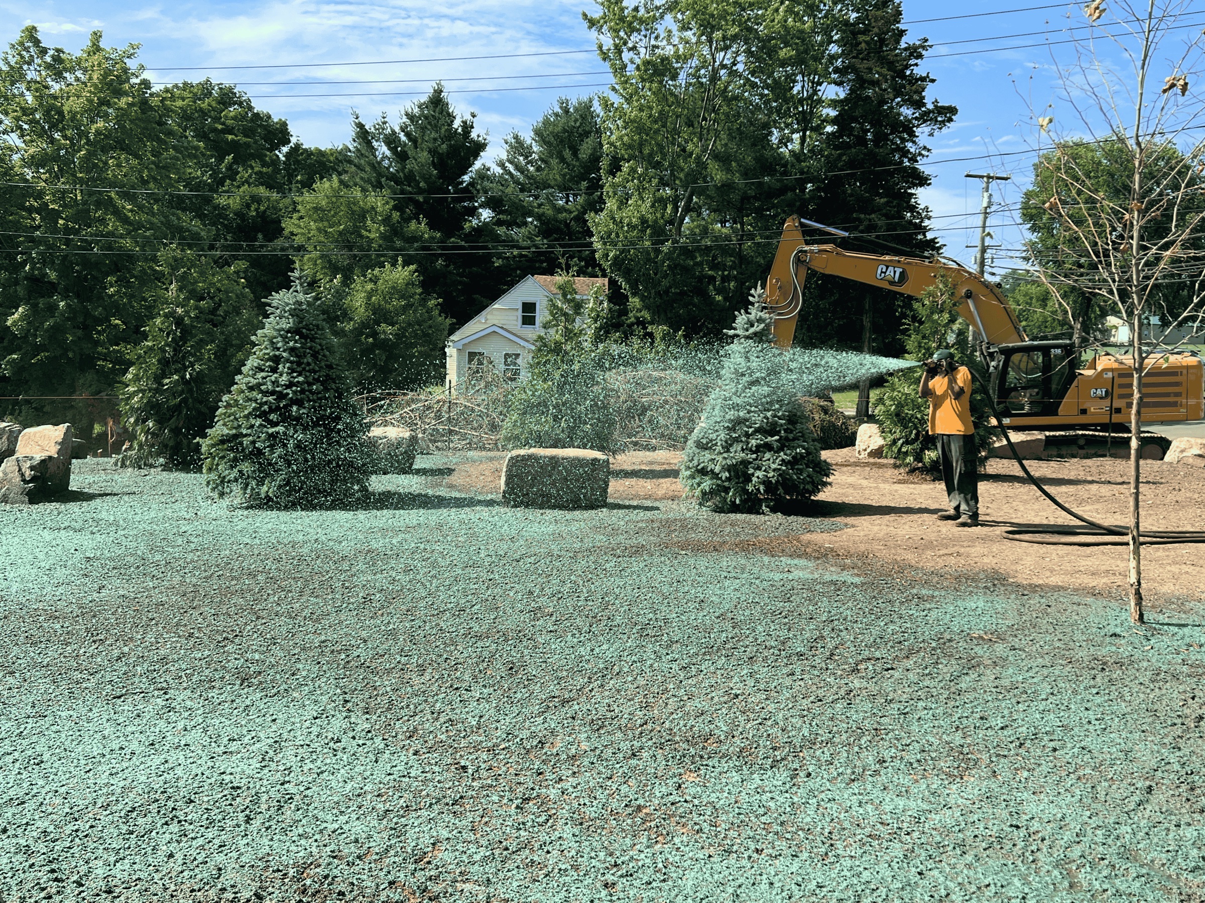 Hydroseed slurry spraying across prepared bare soil