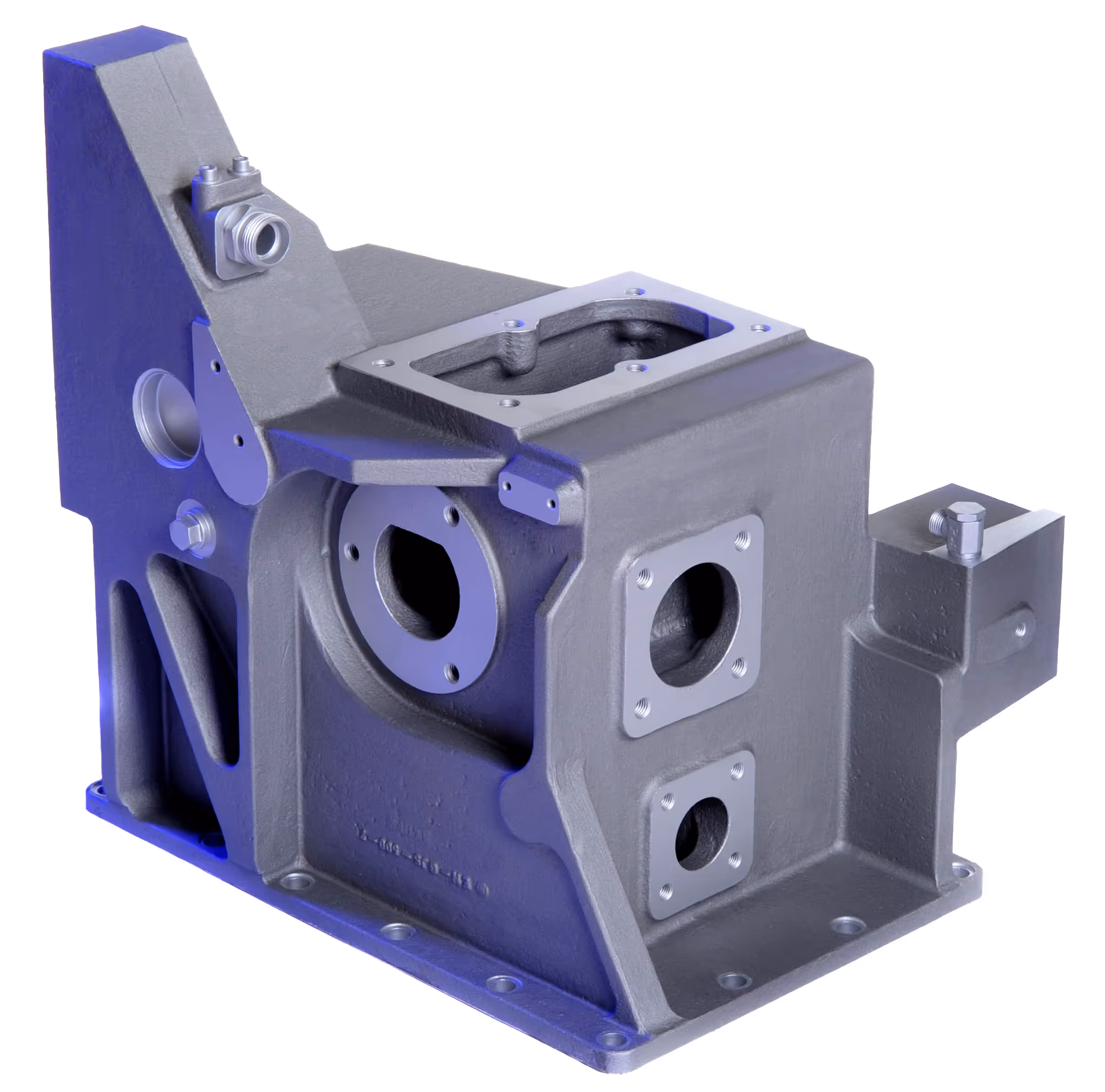 Gray metal industrial machine housing with multiple circular and rectangular ports and mounting holes.