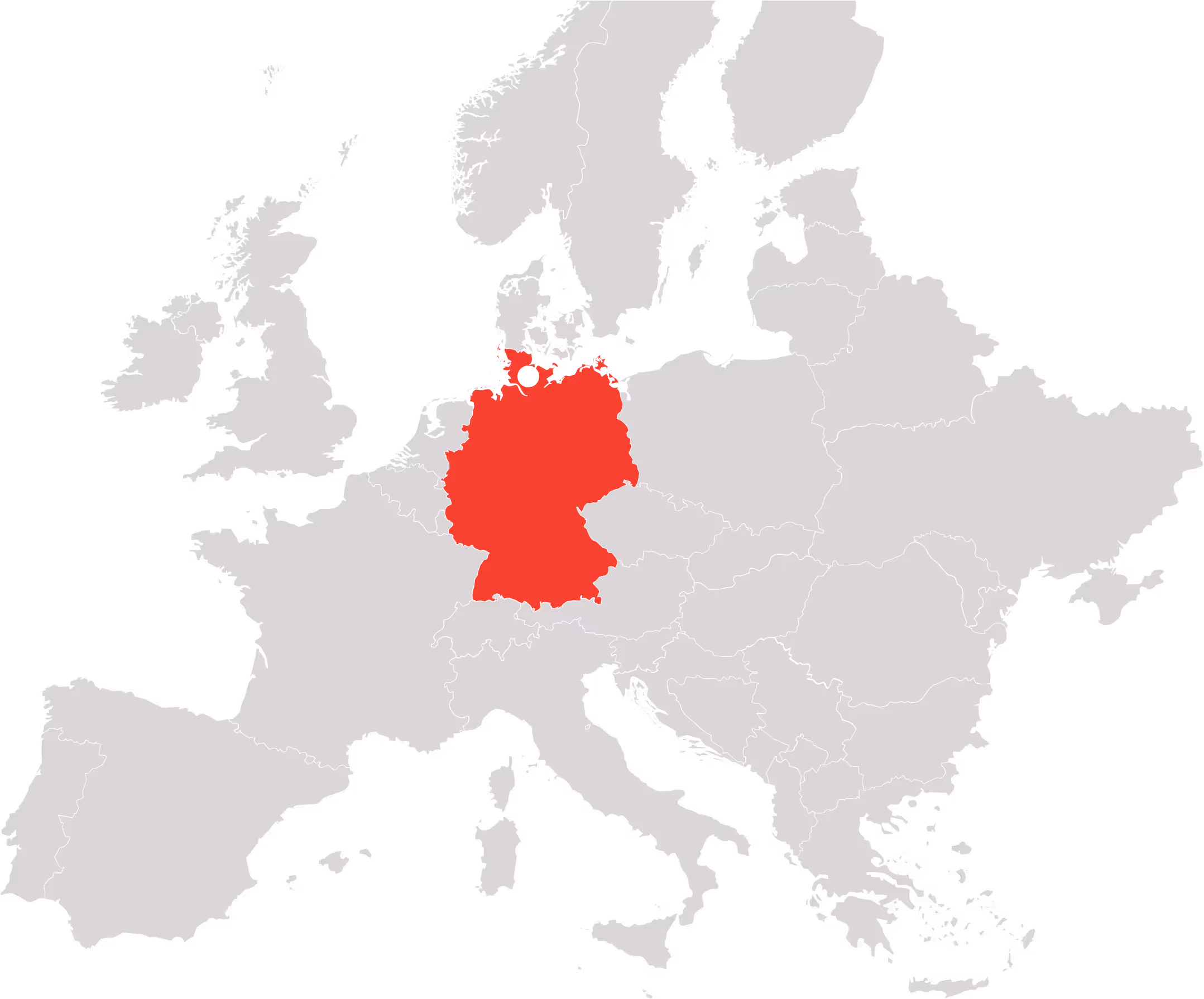 Map of Europe with Germany highlighted in red and marked by a white dot near Berlin.