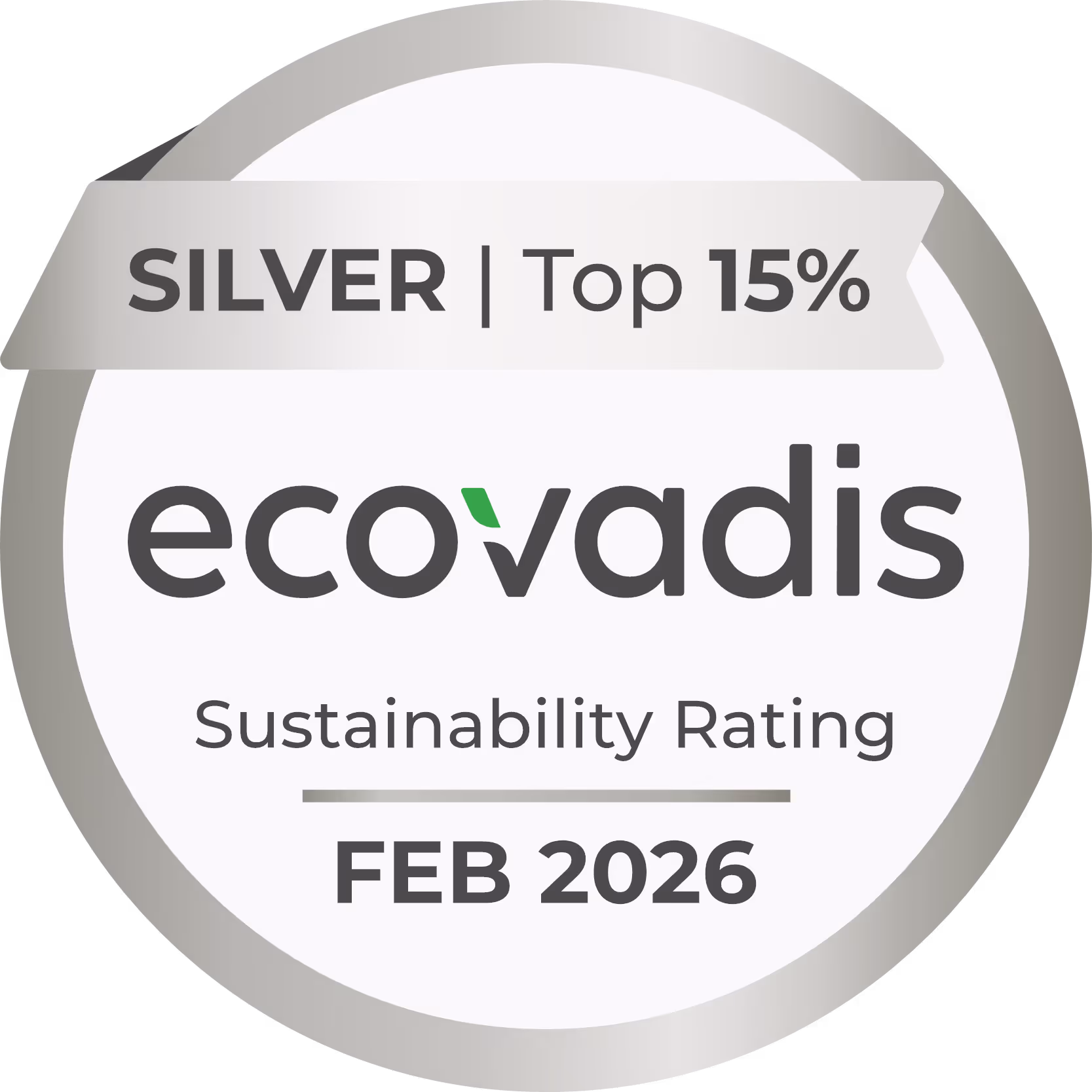 Silver badge for ecoVadis sustainability rating in the top 15% valid until February 2026.