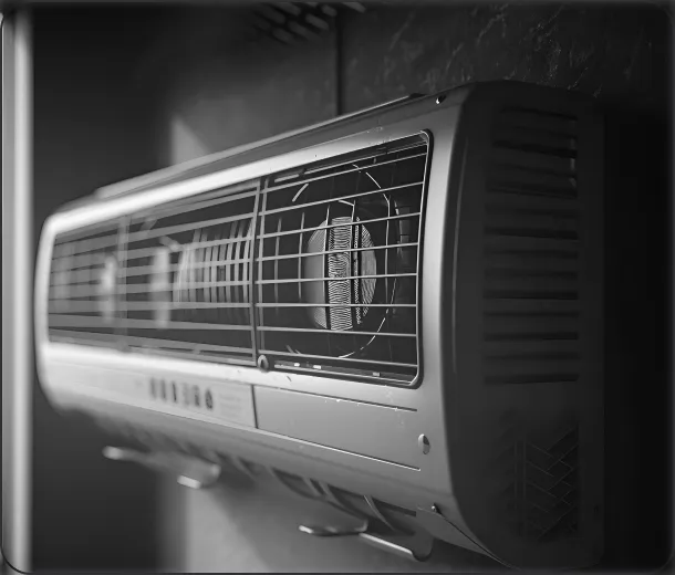 A gray air conditioner mounted on a wall.
