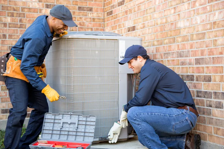 Two HVAC technicians in uniform and caps working on an outdoor air conditioning unit next to a brick wall
